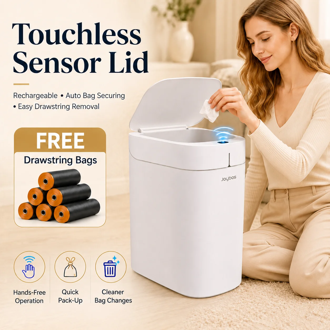 Joybos Smart Trash Can with Auto-Lining, Touchless Sensor Garbage Bin + Free Drawstring Bags, No-Mess Pull & Lift Wastebasket