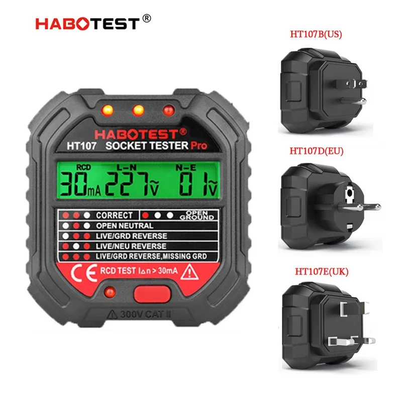 HT107 Digitaler Steckdosentester Pro Spannung 30 mA & 5 mA RCD-Test Smart Detector EU US UK Stecker Ground Zero Line Polarität Phasenprüfung