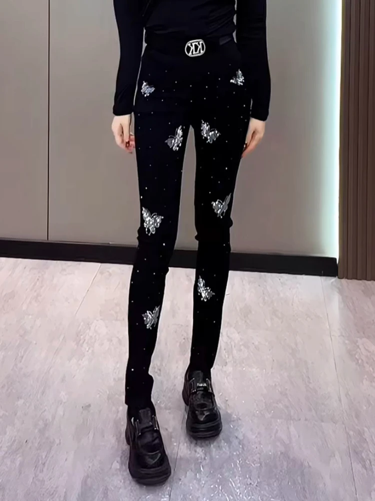 Women Black Slacks 2026New Elastic High-Waist Slim Butterfly Rhinestone Stacked Pants Fashion Y2K Street Cropped Pencil Trousers