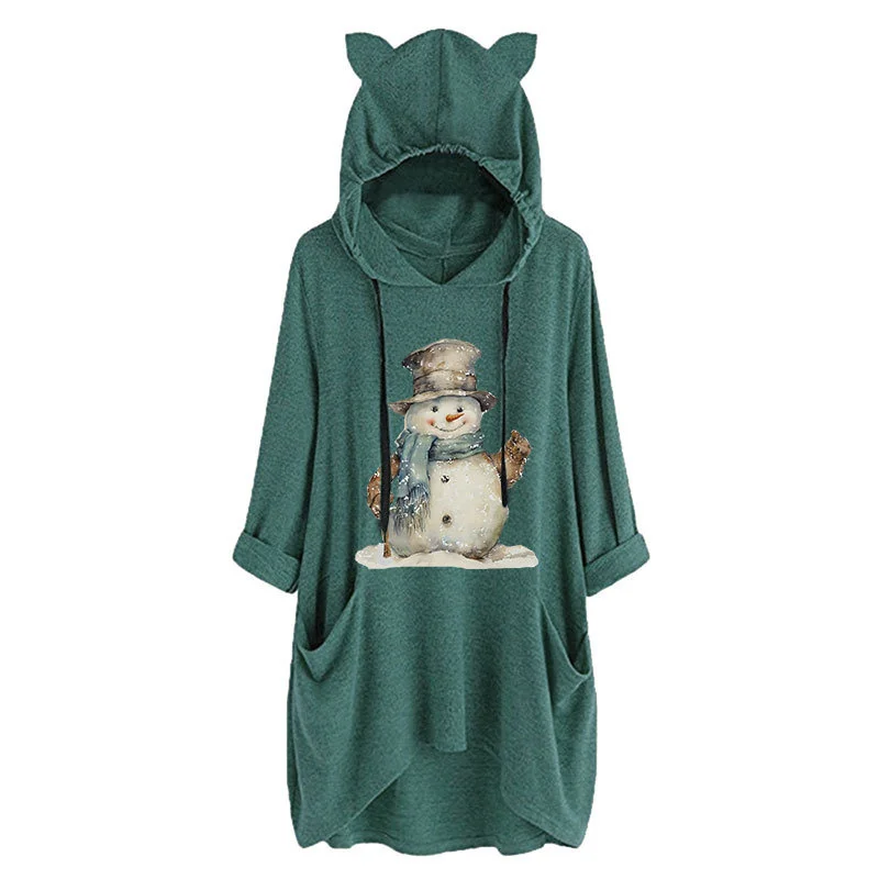 Autumn and winter warm season new cotton women's snowman top hat print fashion cute retro hooded cat ear hoodie