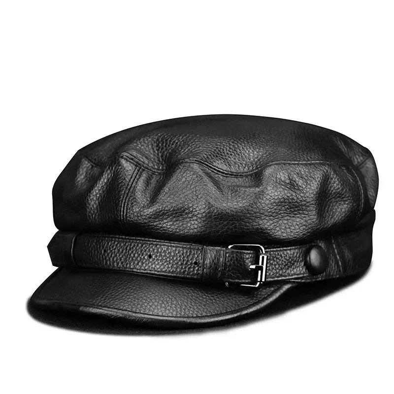 Unisex South Korean Style Genuine Leather Fitted Flat Military Hat For Man Woman Personality Locomotive Punk Black Baseball Caps