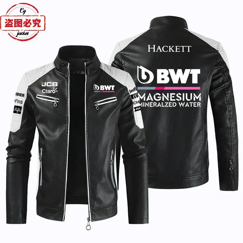 EU sizeBWT Logo Printed Racing Suit Retro Washed PU Leather Jacket Men's Stand Up Collar Jacket BWT Team Clothing Workwear
