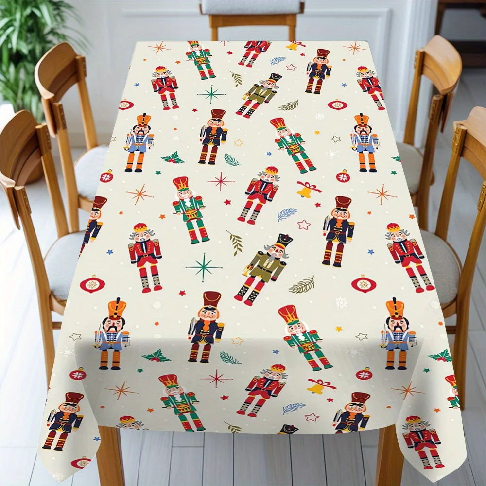 1pc 2D Flat Cream Nutcracker Soldier Printed Tablecloth, Decorative Table Cover for Dining Table, Home Decor