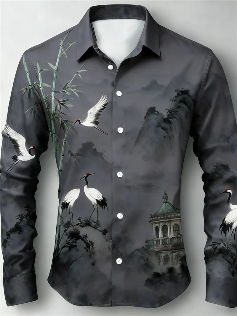 

New 11 color men's retro pattern long sleeved shirt with 3D crane print long sleeved casual daily top clothing