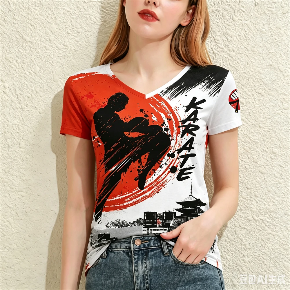 Karate Sports Women's T-shirts Casual V-neck Short Sleeve Tees Summer Loose Female Tops Fashion Martial Arts Training Clothing