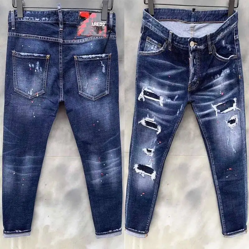 

New Indigo Ripped Men's Slim Fit Ripped Multifunctional Stretch Jeans Straight D2