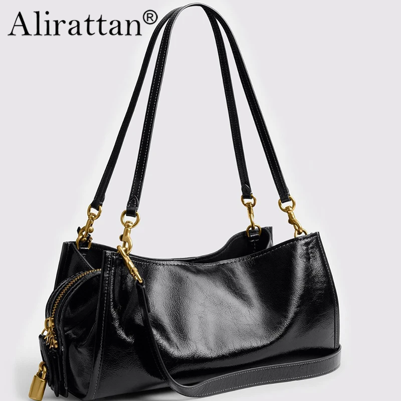 

Alirattan 2026 Новая женская модная черная сумка через плечо из лакированной кожи, вместительная сумка с золотистой фурнитурой