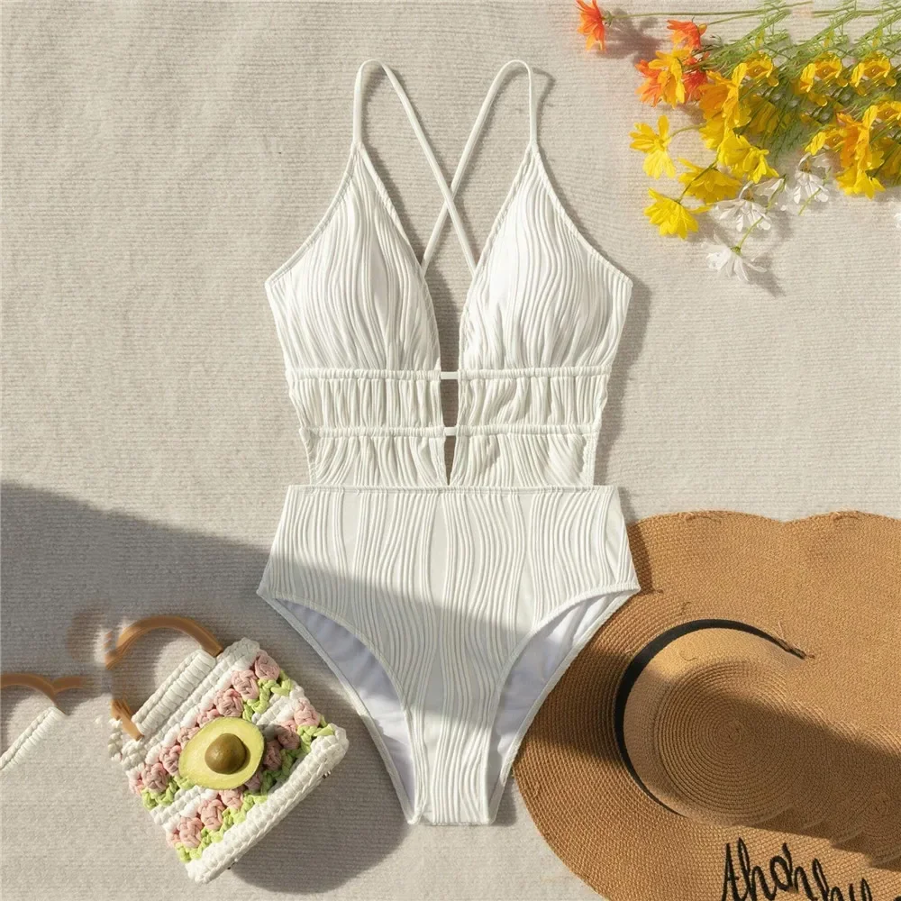 Solid White String Lace-up Backless Swimwear Woman 2026 Sexy One Piece Swimsuit Hollow Out Monokini Bathing Suit Beach Wear