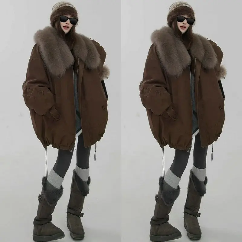 

Winter Thiened Warm Long Sve Coat Loose Casual Lazy Sle Cotton Workwear Jaet with Big Fur Collar Commute Korean Sle