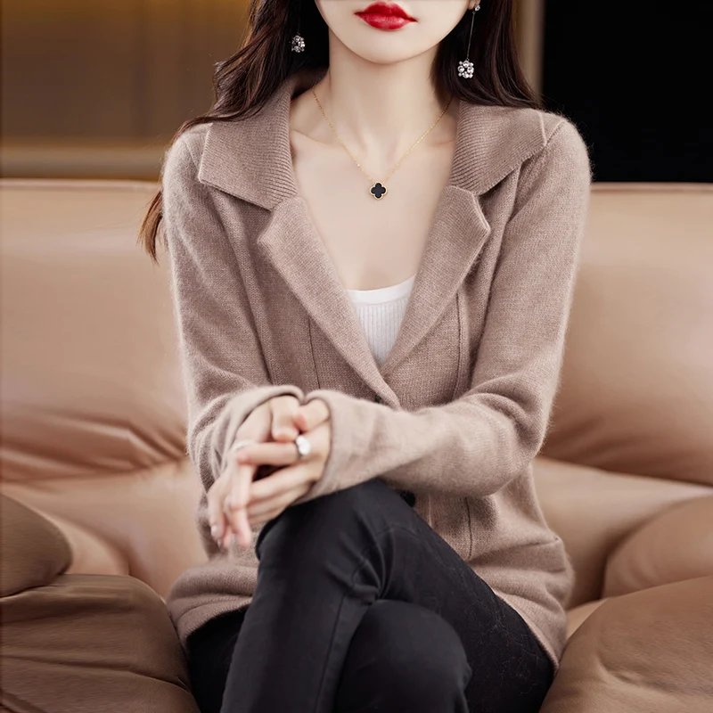 Hot selling cardigan women\'s lapel 100% mink cashmere sweater long sleeved knitted comfortable warm jacket single breasted sweat