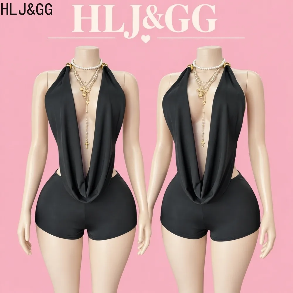 HLJ&GG Sexy Halter Neck 2 Piece Set Women Deep V Draped Cutout Waist Bodycon Top and Shorts Nightclub Clubwear Matching Outfit