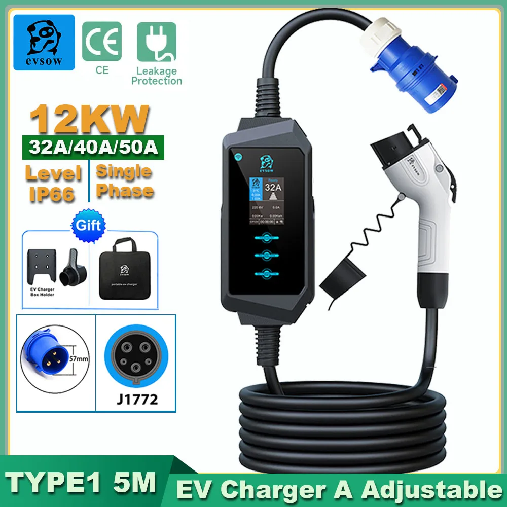 Evsow Type1 Cable de carga de coche eléctrico 12KW 50A cargador EV portátil Type1 EV estación de carga de coche Wallbox EVSE 5MEV Cable de cargador