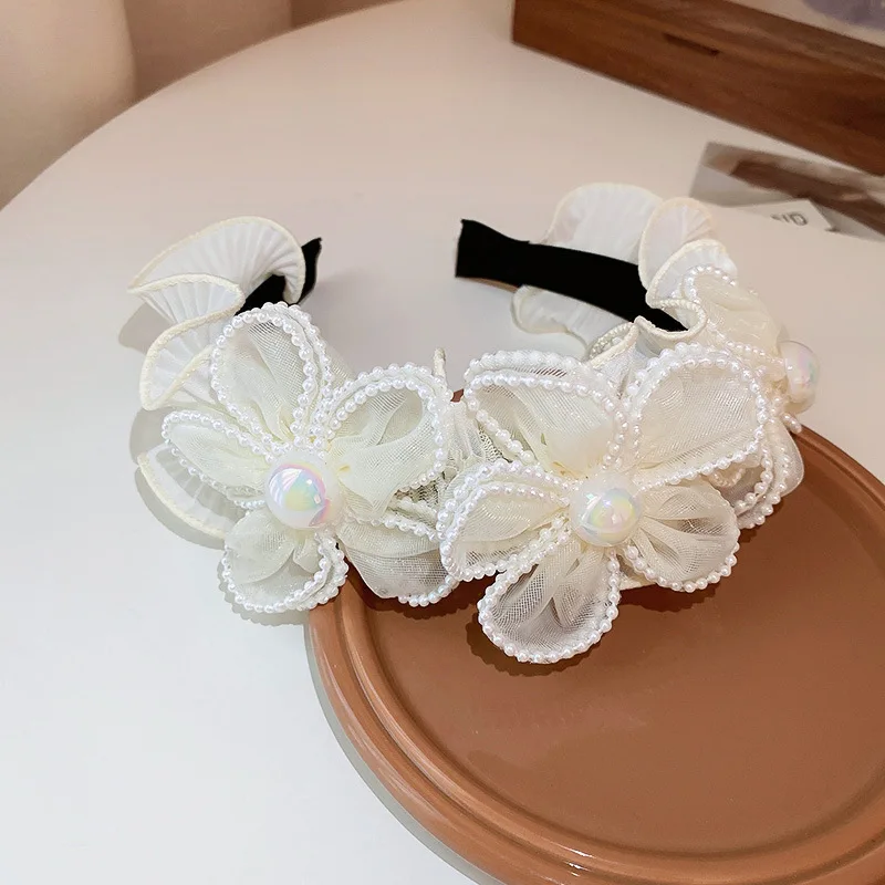 Imitation Pearl Rhinestones Fabric Pleated Flower Yarn Weave Wrapping Hairbands for Women French Fashion Headband Accessories