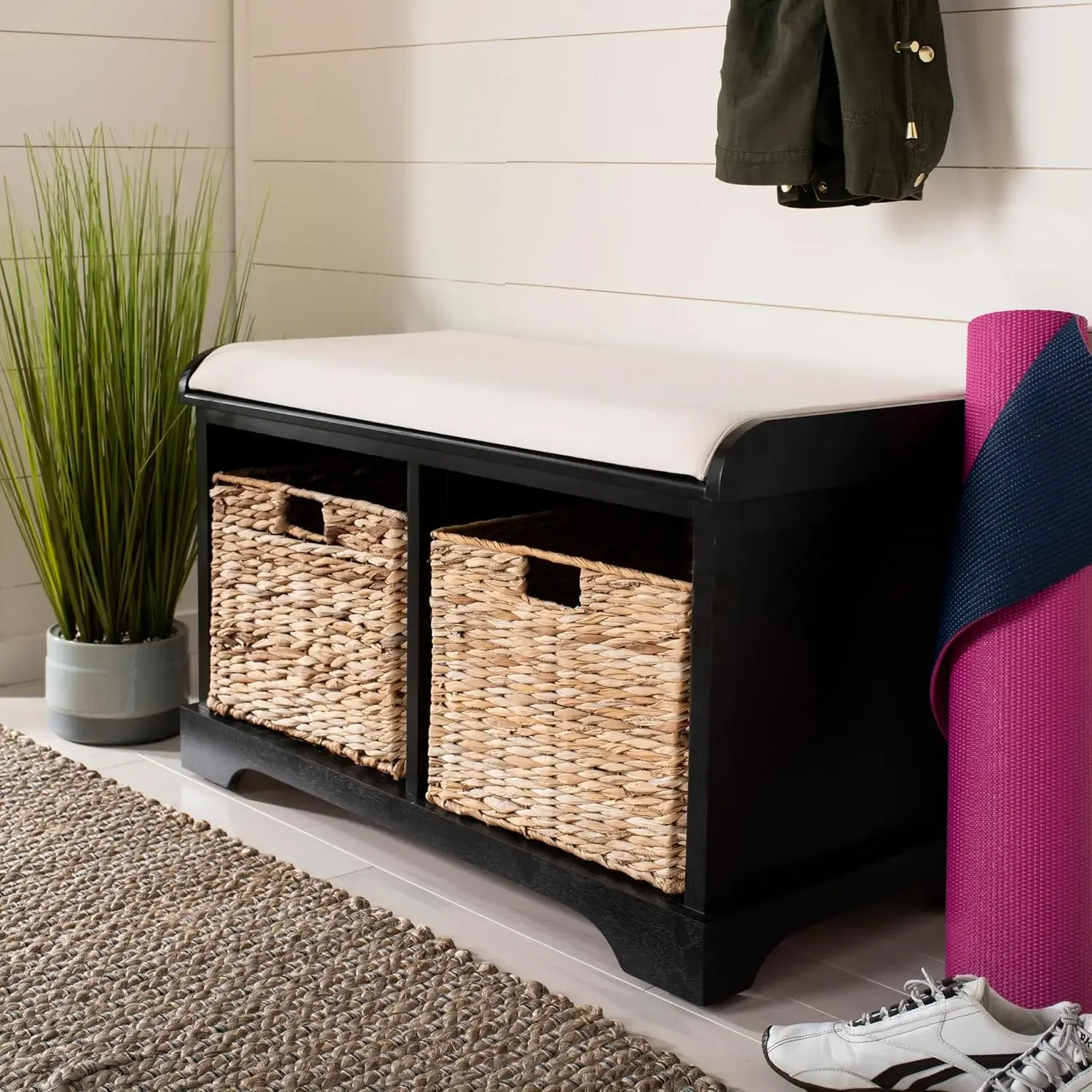 

Pine Wood Black/ Wicker Basket 2-Drawer Storage Bench with Canvas Cushion For Living Room, Entryways (Fully Assembled)