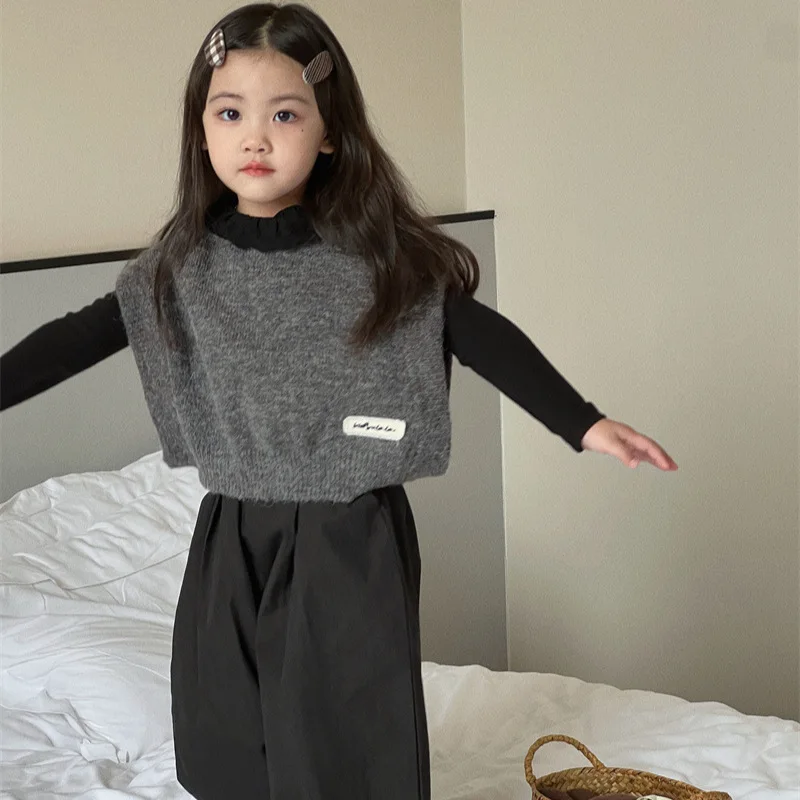 Girls Gray Vest Children 2024 New Autumn Collection Fashion Simple Casual Top Korean Simple Style Fashion Vest Girls Top