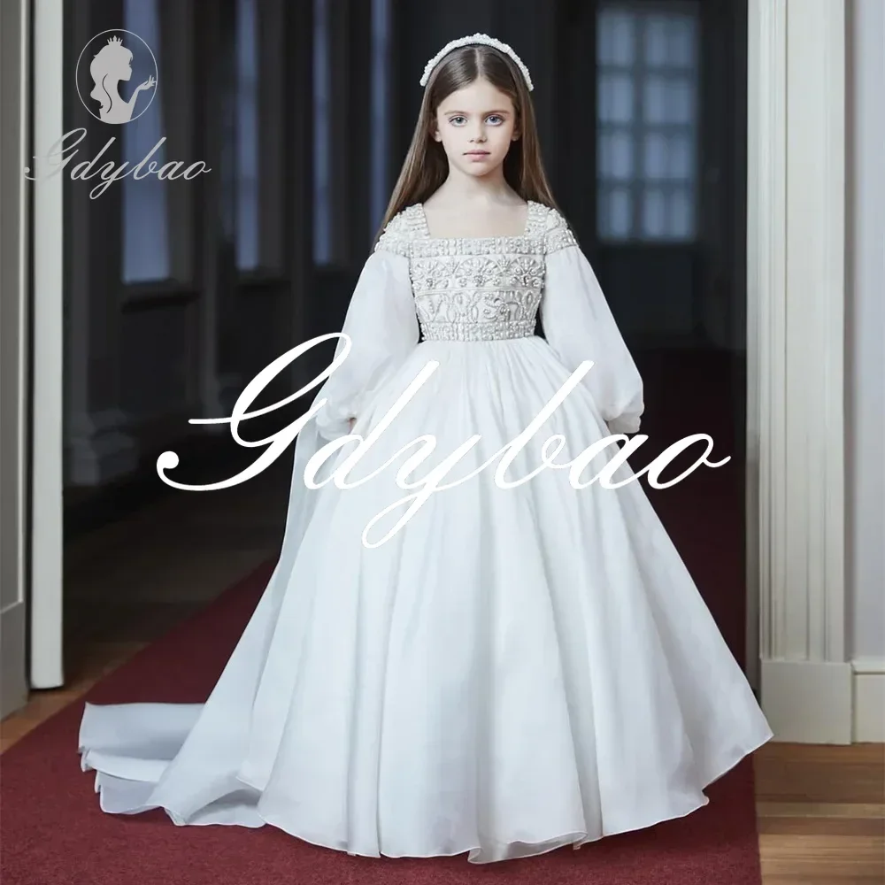 

Luxury Square Neck Long Puff Sleeve Beading Applique First Communion Dress Floor Length Long Ball Flower Girl Gown Customized