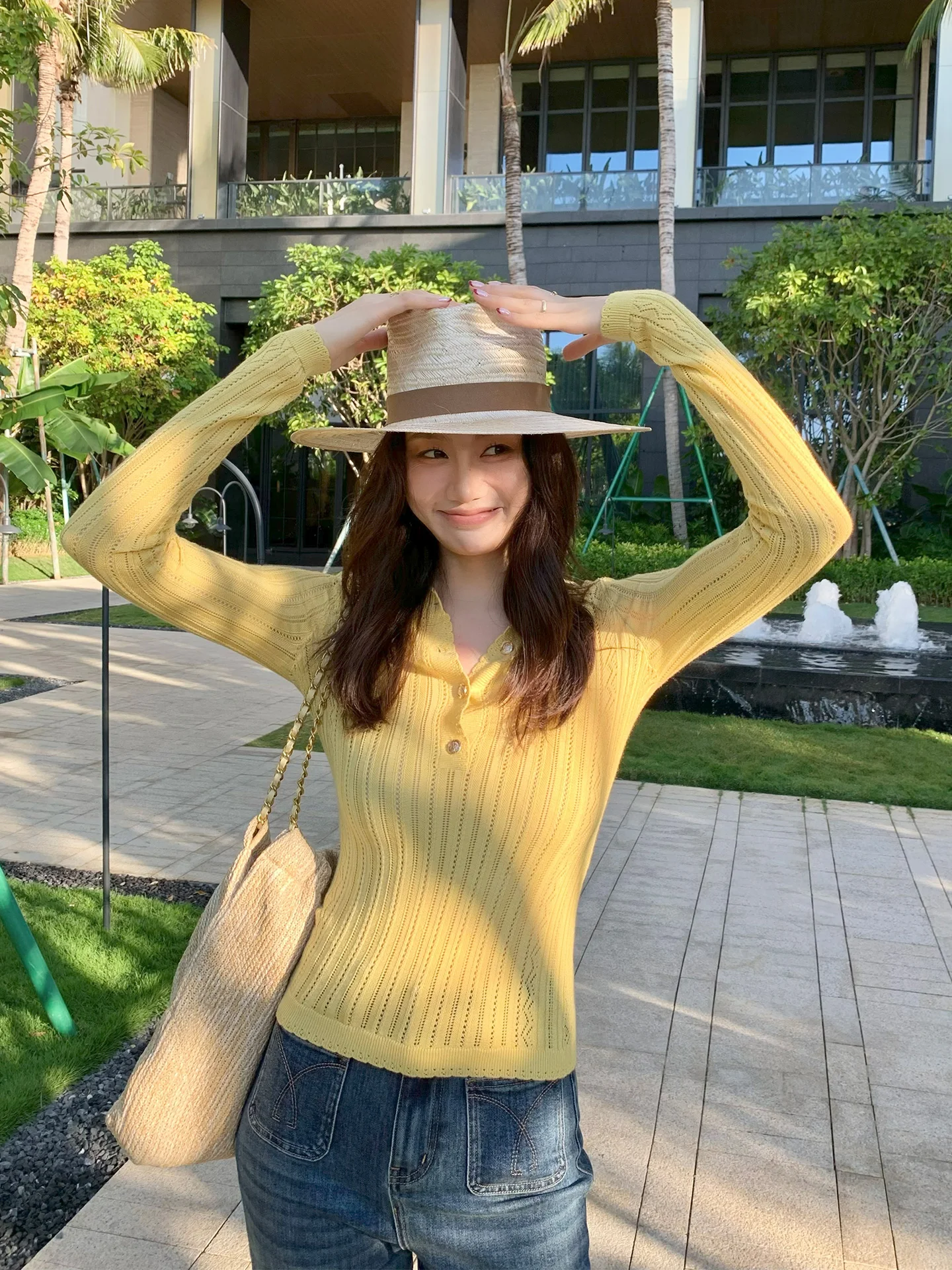 

Long Sve Knitted Hollow out Slim Fit Women's Top f Open Collar Spring Faion Simple Stripe Design Lightweight Knitwear