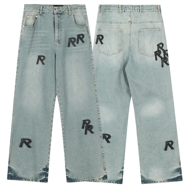 

Trendy R Letter American Sle Straight Leg Jeans for Men Vintage Waed Loose Fit Long Casual Jeans High Waist Zipper Fly