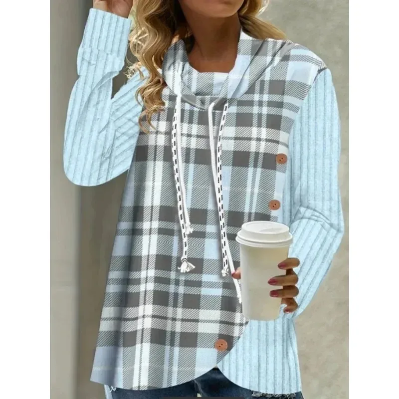 Women's Plus Size 1XL-5XL Personality Splicing Top Fashion Button Breathable Hoodie Casual Long-sleeved Hoodie