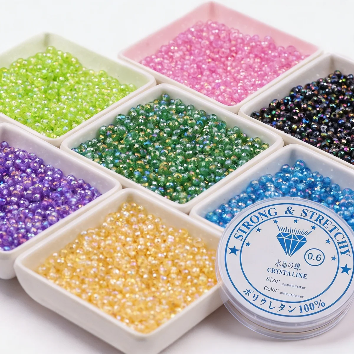 4mm Acrylic Flat-Round Bead with AB Coating Multicolored Beads Free Crystal Thread Included Handmade DIY Jewelr Makin Accessorie