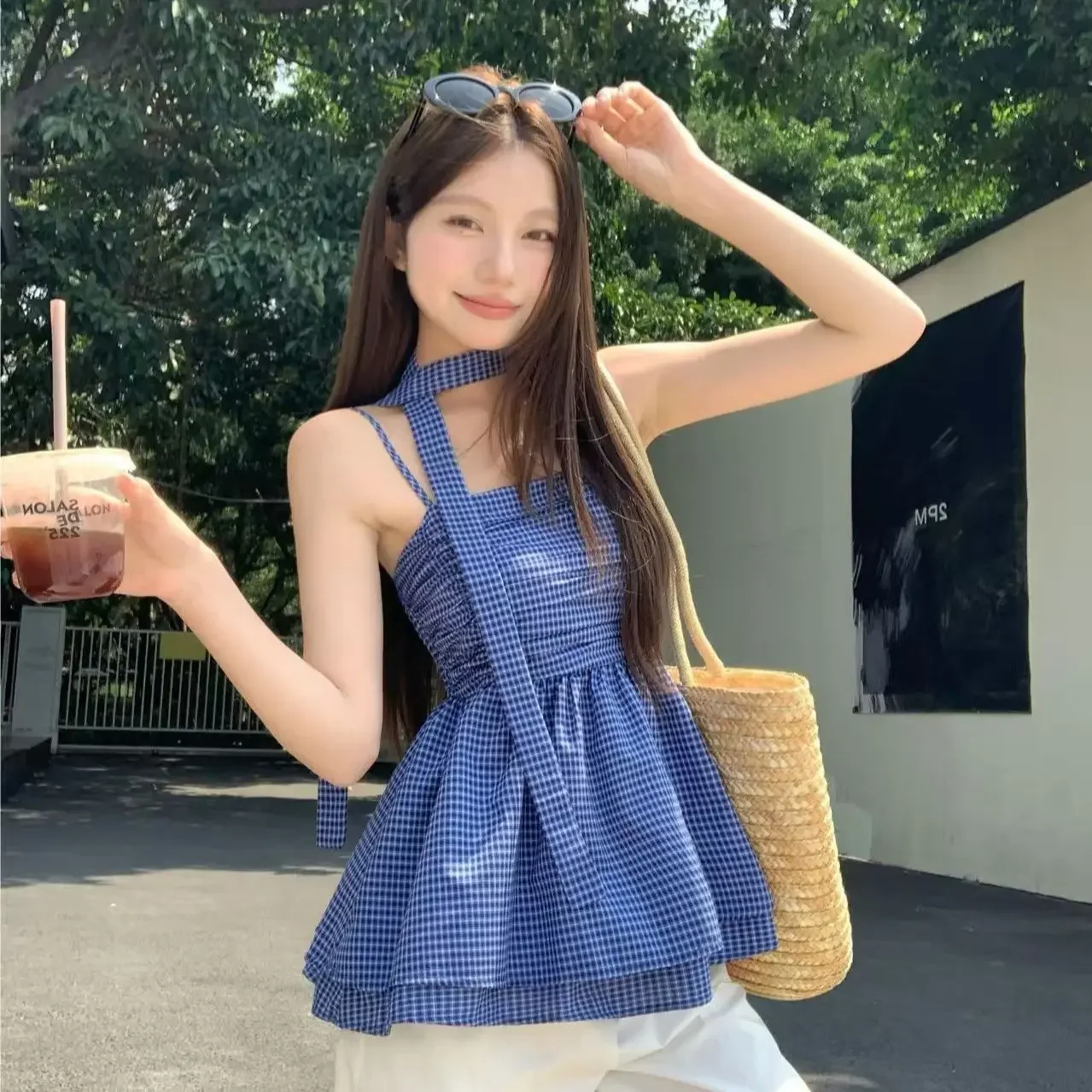 2026 Summer New Fashionable Plaid Breast Wrap New Korean Corset Camisole Sleeveless Top Tee Women Clothes All-match Pleated Slin