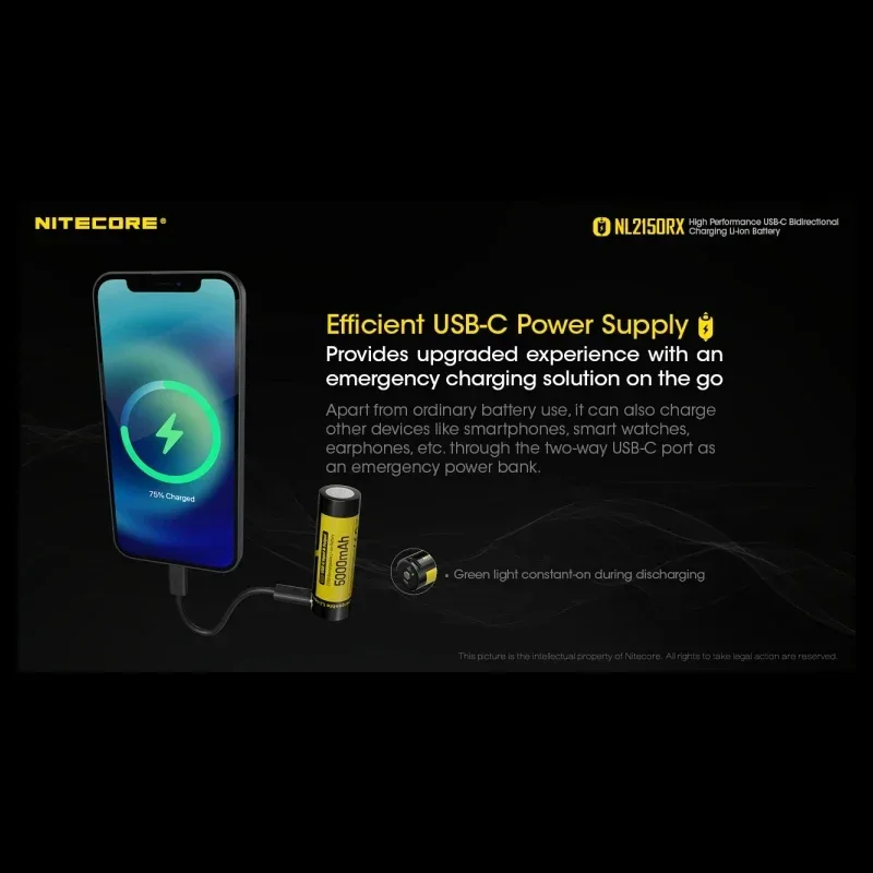 5000mAh Large Capacity NITECORE NL2150RX High Performance USB-C Bidirectional Charging 21700 Li-ion Battery