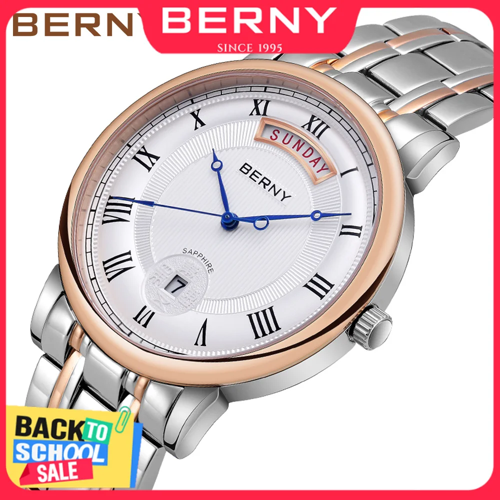 BERNY Men Quartz Watch Miyota VJ55 Top Quality Luxury Brand Day Top Stainless Steel Wristwatch Sapphire Waterproof Watch for Men