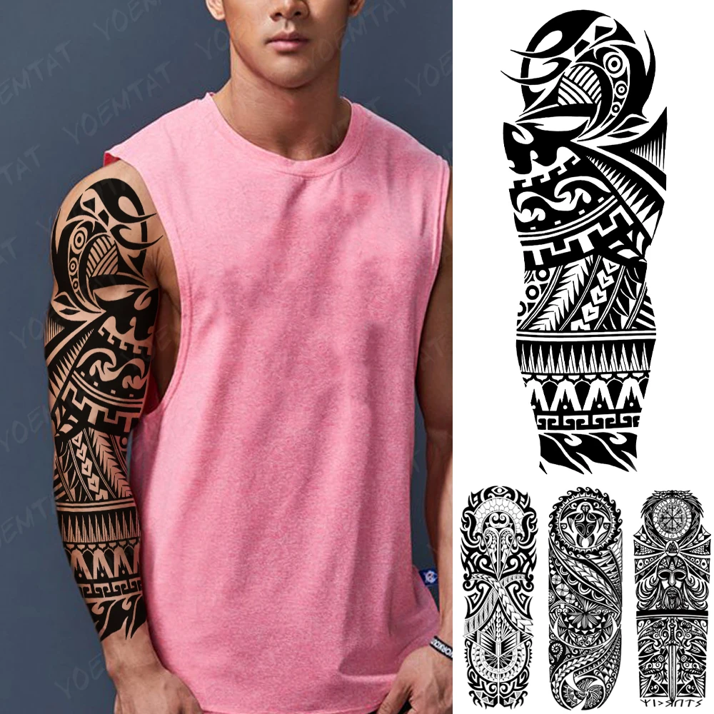 Autocollant de tatouage temporaire, manche de bras Large, étanche, Totem Tribal, Maori foncé, Viking, faux tatouages pour femmes et hommes, Art corporel,tatouage éphémère,faux tatouage homme