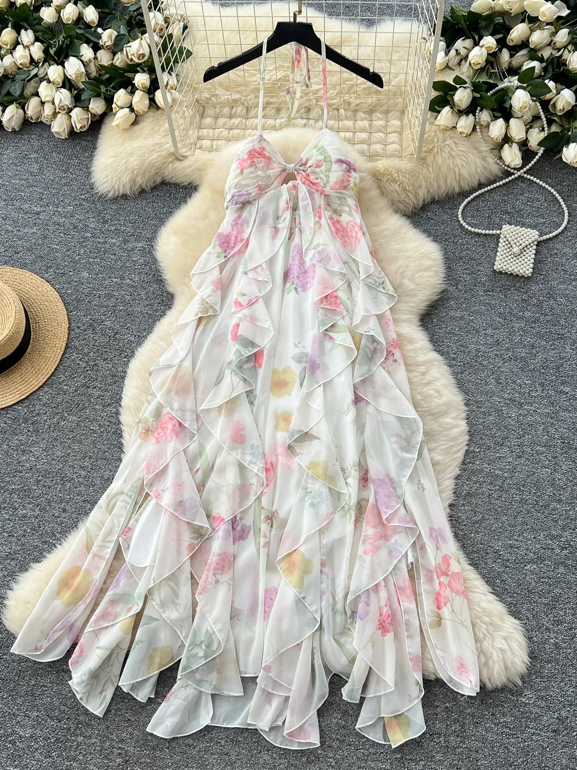 Romantisches Vaion Sle Blumendruck Maxi Dr Damen Sommerdesign Hängender Ne-Riemen Unregelmäßiger Saum A-Linie Dr