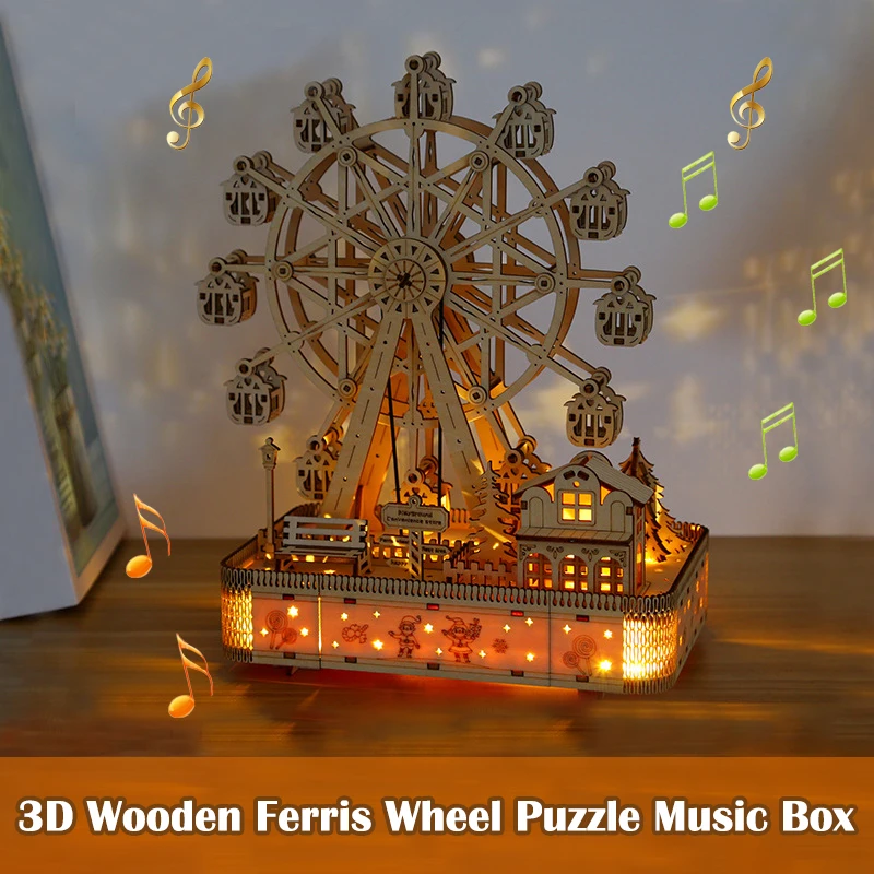 3D Wooden Puzzle Music Box Creative Ferris Wheel Decoration DIY Basswood Ferris Wheel Crafts Christmas Music Box Christmas Gifts