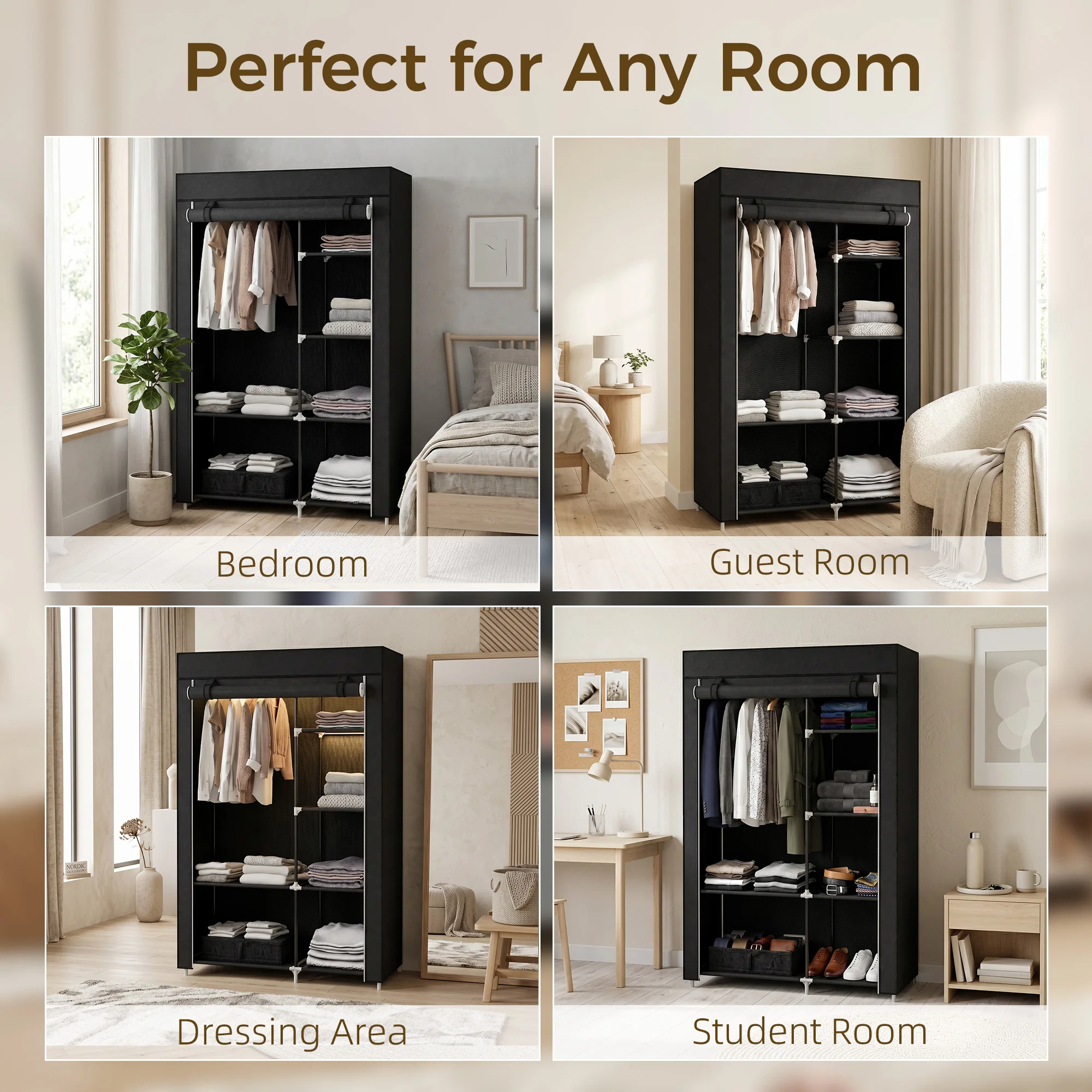 HOMCOM Fabric Wardrobe w/ Shelves Hanging Rail Foldable Closets