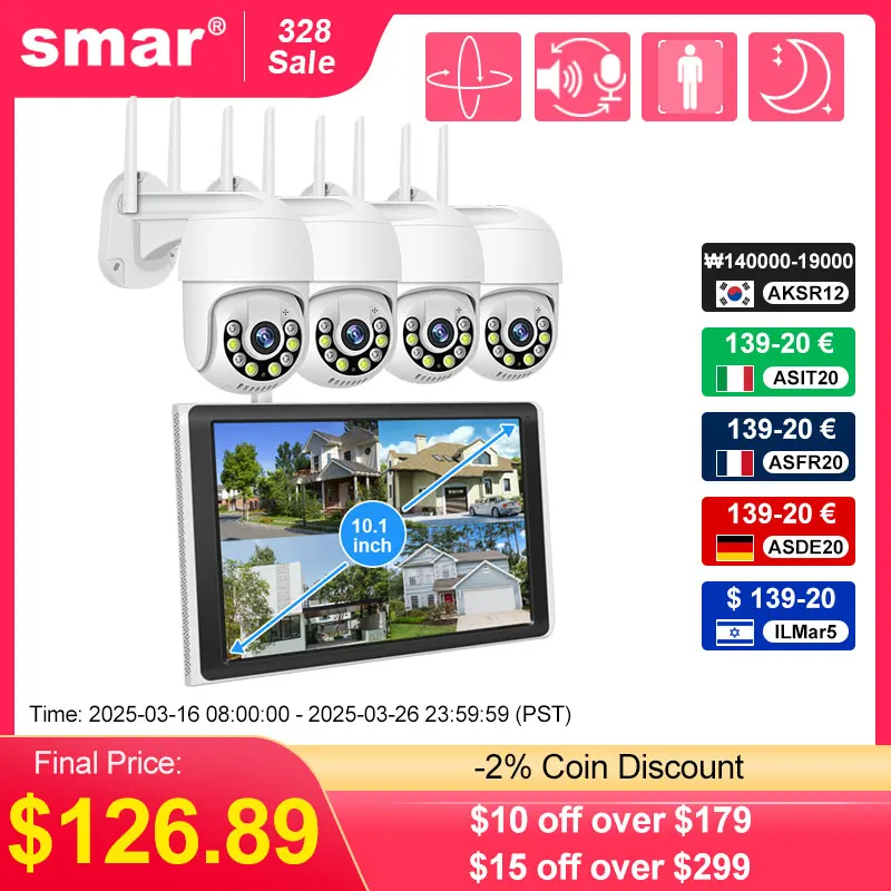 Smar 10.1 Inch Monitor 3MP Wireless Surveillance Kit Outdoor Wifi IP PTZ Security Camera System 8CH NVR Kit Home Mornitoring Set