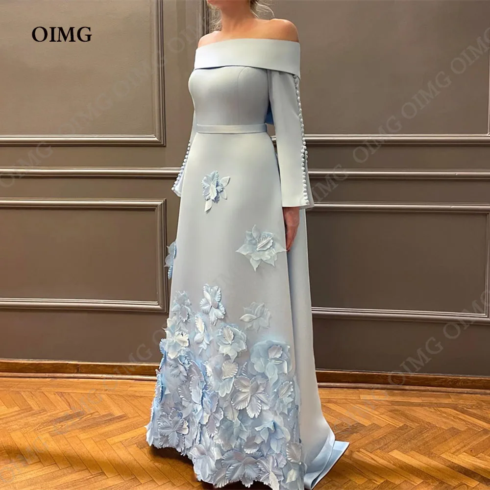 OIMG Elegant Saudi Light Blue Prom Dresses Off the Shoulder Long Evening Dress For Women Luxury Formal Occasion Gowns vestidos