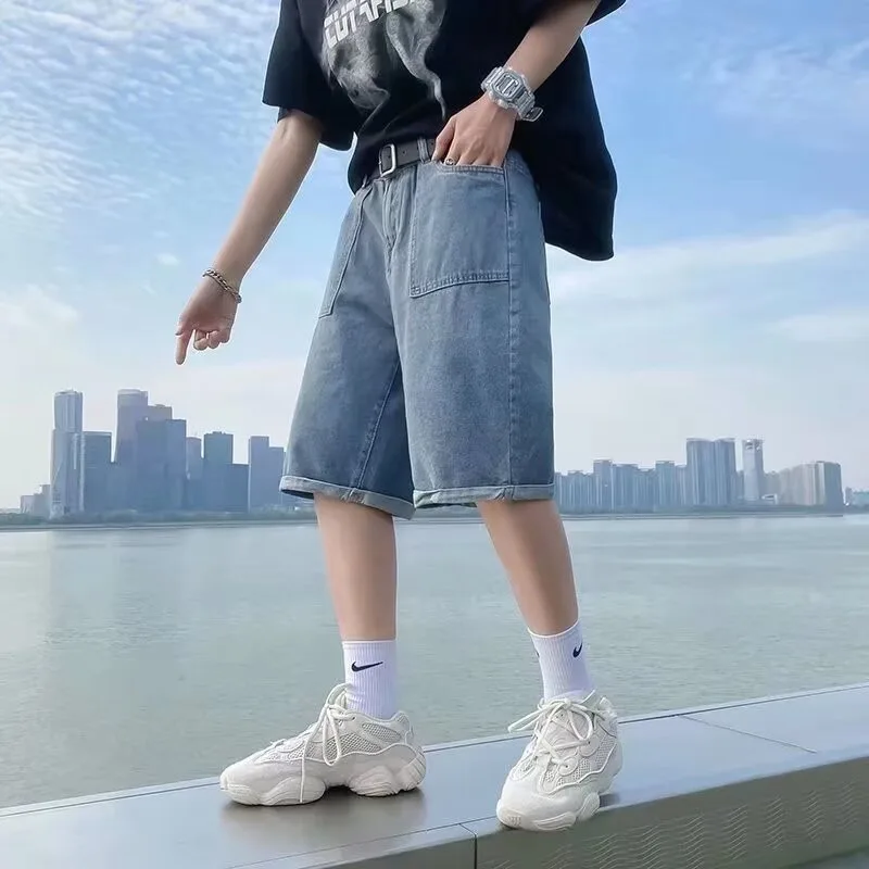 

Men's Summer New Loose Straight Casual Jeans Shorts Five-Point Trendy Brand Youthful Washed Mid-Waist Button Decorated Denim ...