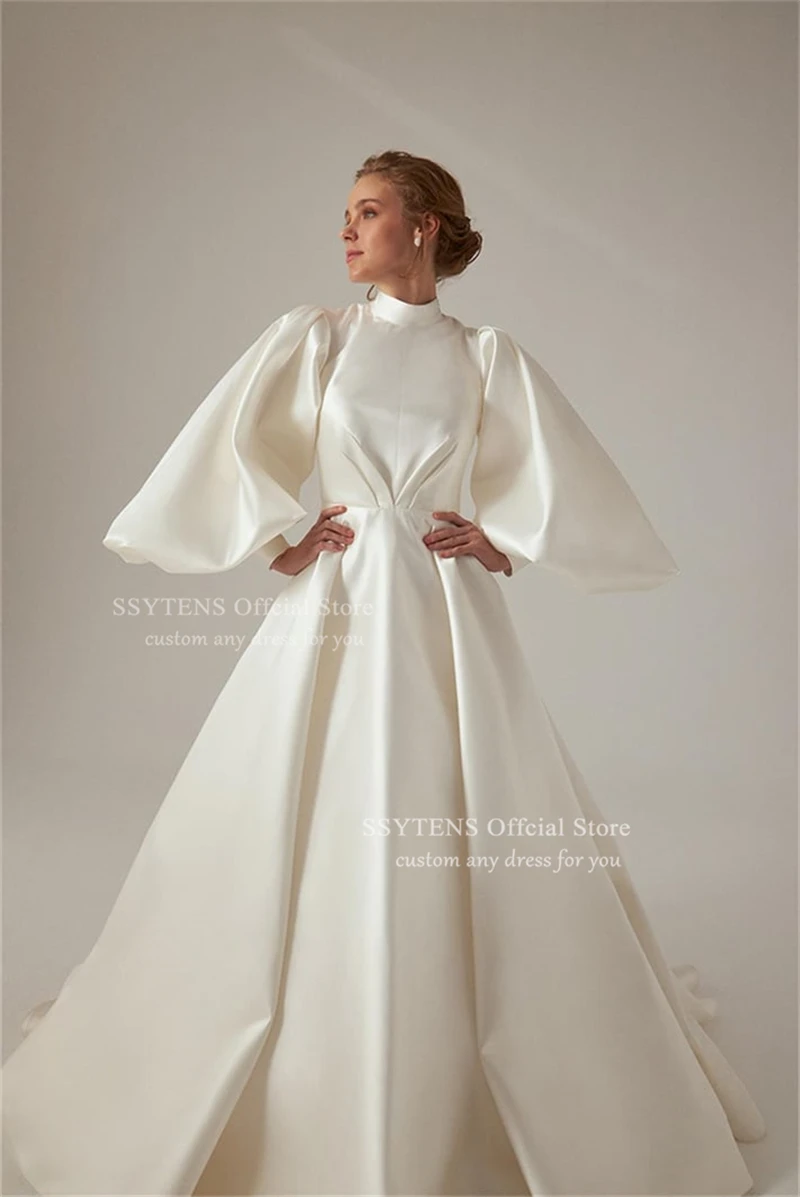 SSYTENS Muslim Wedding Dresses Fold Puff Sleeve Brides Satin Customized Elegant Civil Bride Gown Floor Length robe de mariée