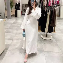 Autumn Winter Women's Maxi Dress Slim Long Sleeve O-neck Plain Color Clothing Elegant Fashion Linen Dresses