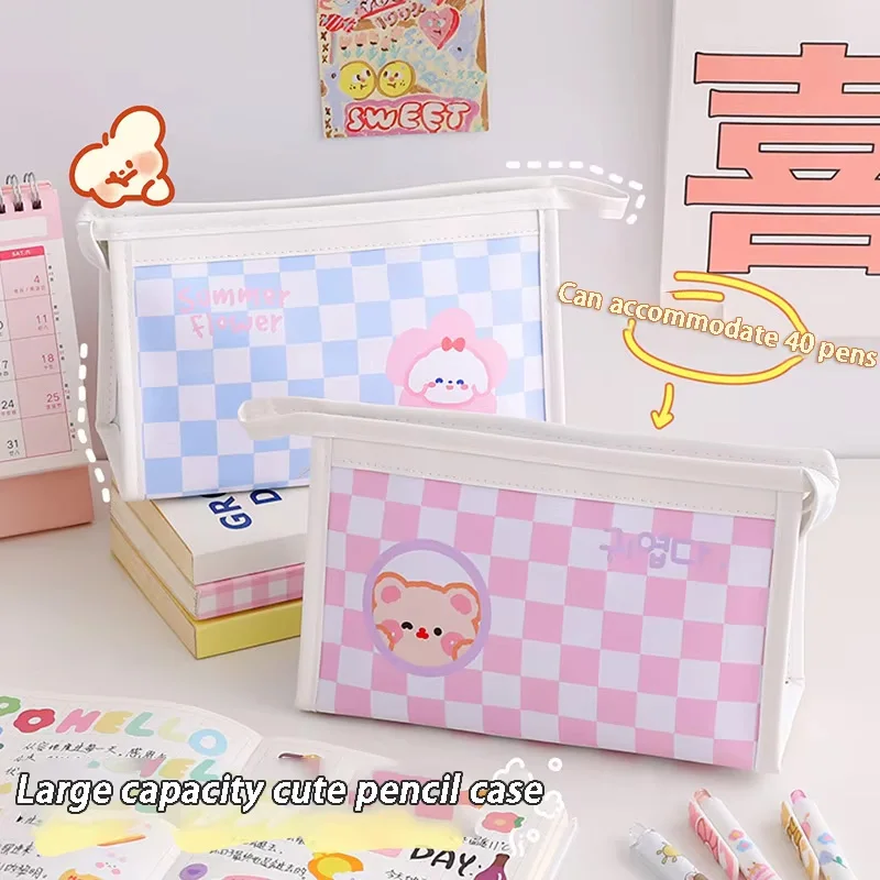 

1Pcs Cute Cartoon Checkerboard Pencil Case Kawaii Large Capacity Pen Bag for Girls Portable Travel Makeup Bag Storage Pen Bag