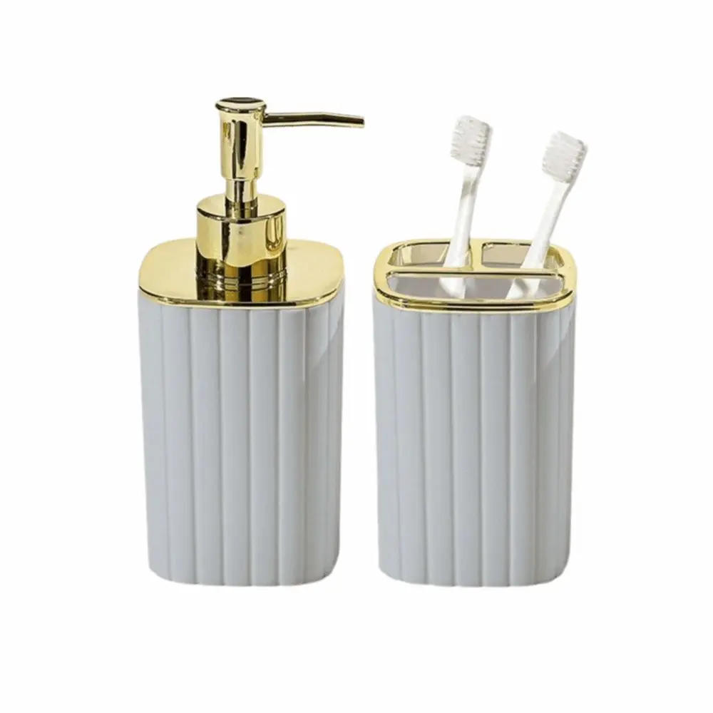 2PCS Boho Style Bathroom Accessories Set Vertical Stripes ABS Bathroom Supplies Soap Dispenser & Toothbrush Holder