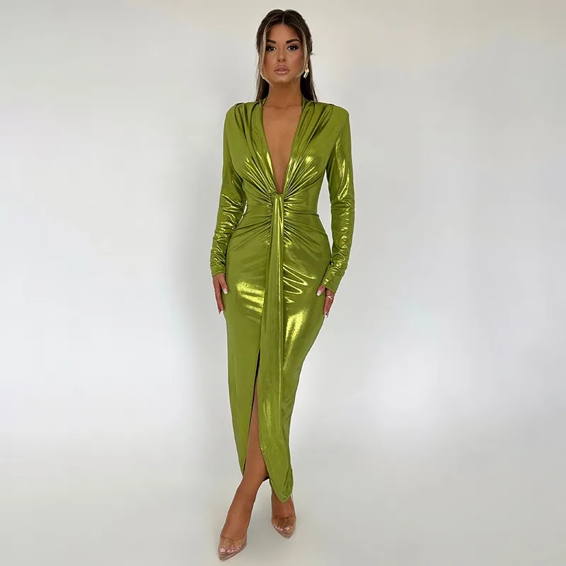 Metallic Gilding Maxi Party Dress Women Sexy V Neck Long Sleeve Ruched High Split Bodycon Clubwear Long Robe Evening Gown