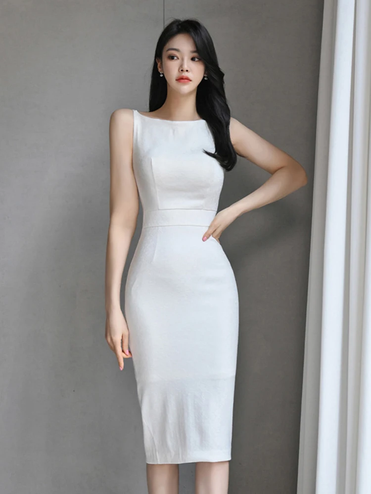 Women White Work Style Formal Occasion Pencil Dress Elegant Office Commute Sexy Sleeveless Wrap Hip Midi Vestidos Street Clothes