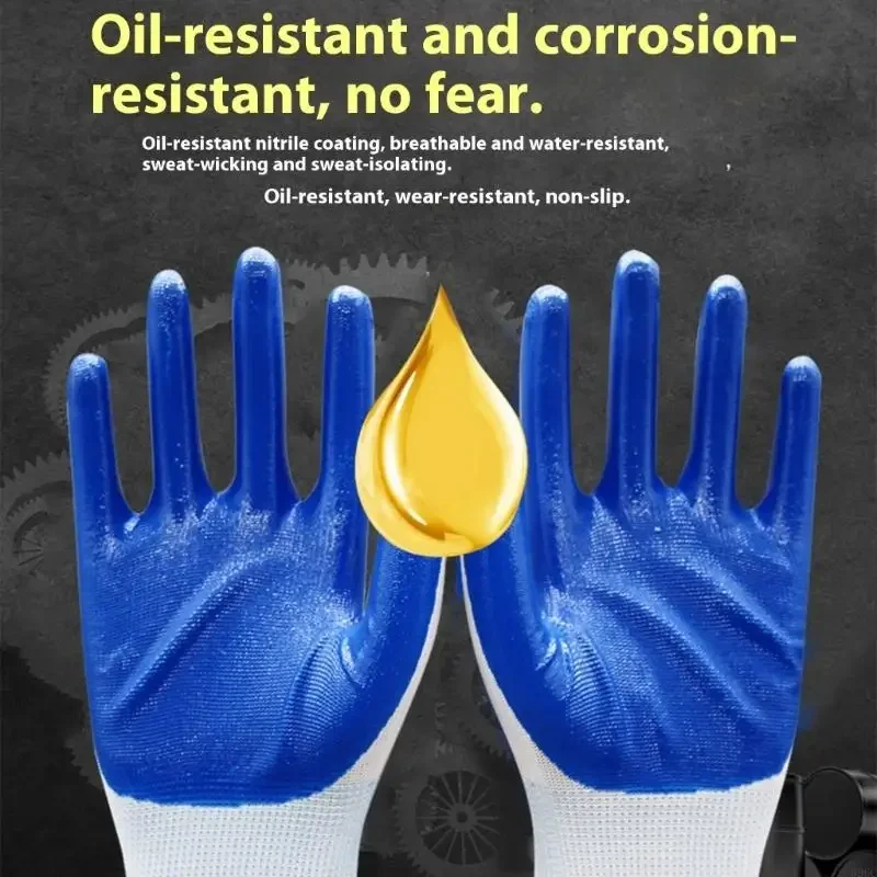 12 Pairs Oil Resistant Work Gloves Heavy Duty Nylon Nitrile Construction for Mechanics Safety Gloves F19E