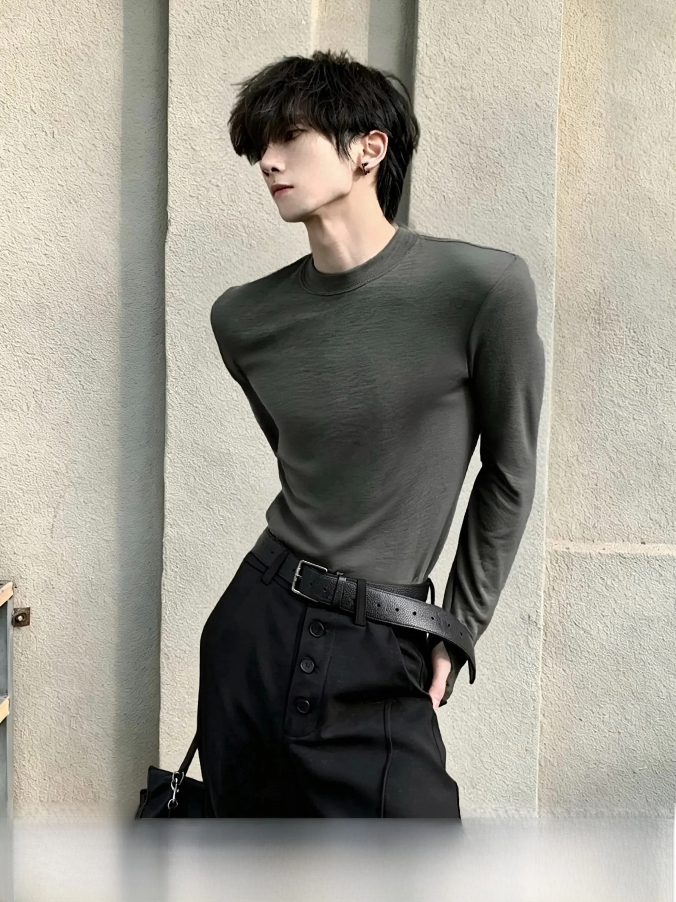 Premium Feel Pad Shoulder Long Sleeve round Neck T-Shirt Men's Skin Friendly Breathable Anti-Wrinkle Bamboo Rayon Blend Base ...