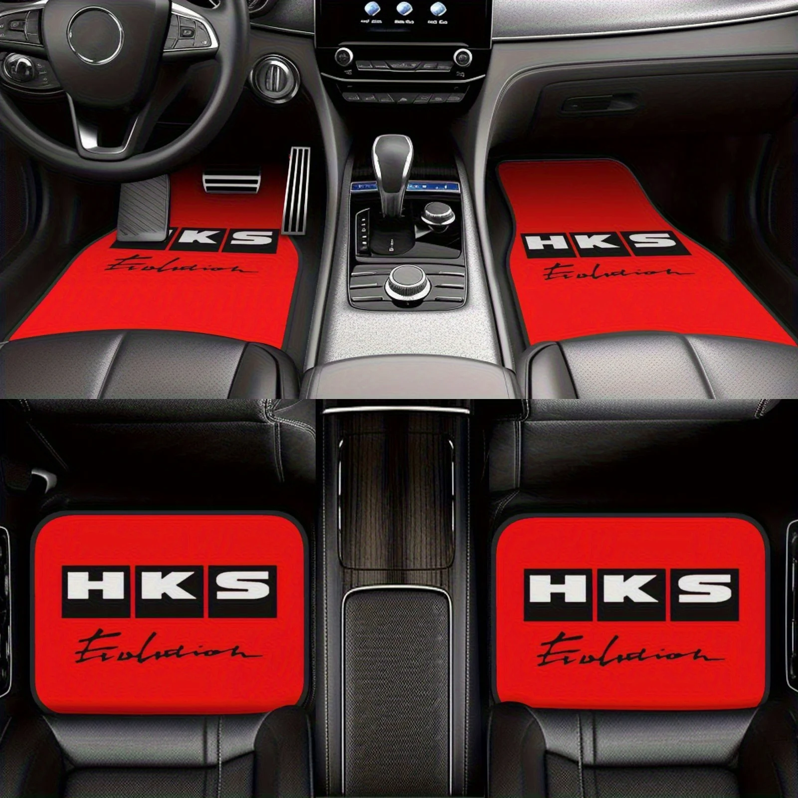 4pcs Red HKS Pattern-JDM Print Car Floor Mats- Durable Fit For All Vehicles, Non-Slip Grip, Easy To Clean, Stylish Interior Upgr