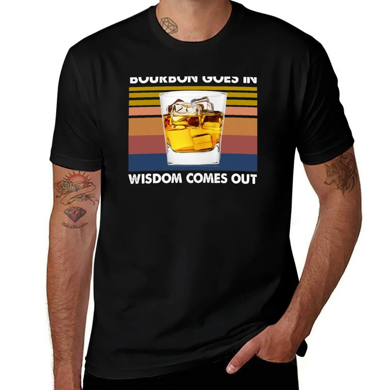 

Винтажная футболка Bourbon Goes In Wisdom comes out, мужская повседневная мужская футболка, летняя футболка