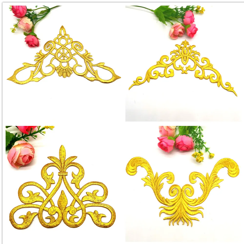 Gold Embroidery Patches Iron On Appliqued Mirror Pairs Diy Garment Costumes Trims