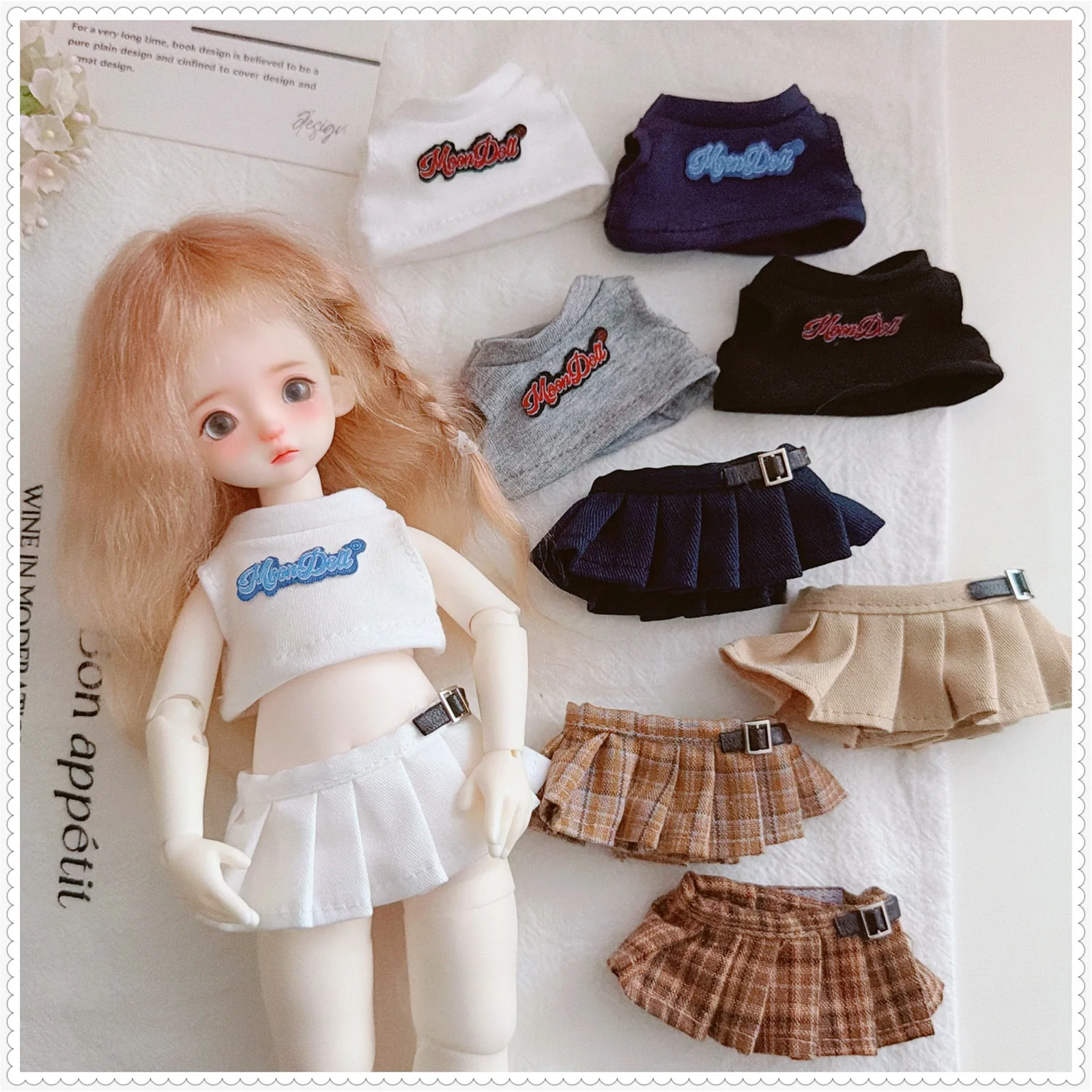 

1/6 BJD Doll Clothes 30cm Doll Outfit JK Style Plaid Pleated Mini Skirt Top T-shirt Set for 1/6 Scale Ball Jointed Dolls Gifts