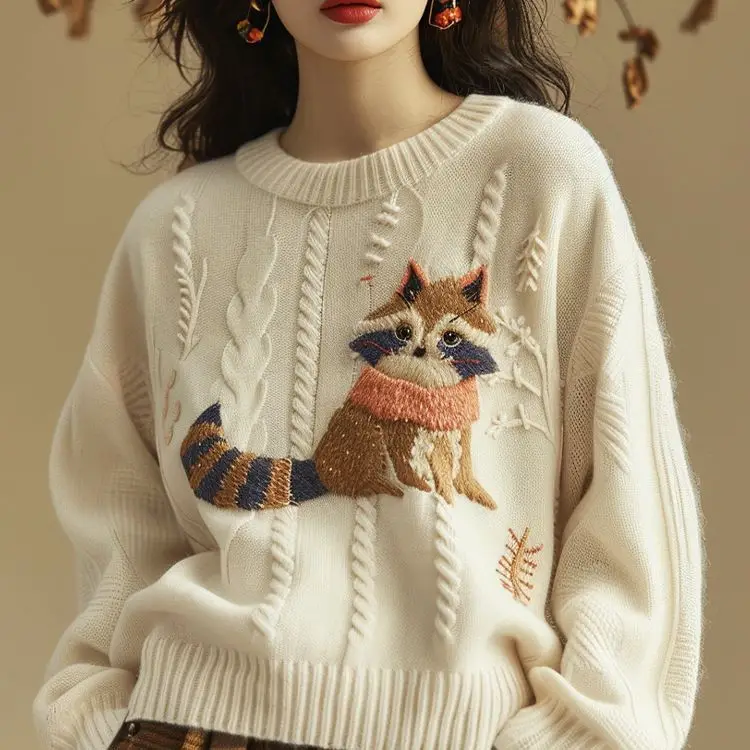 Свитер с круглым вырезом для тяжелой промышленности с вышивкой «Красная панда», женский осенне-зимний свитер 2025 года, новый мягкий восковой вязаный свитер высокого класса
