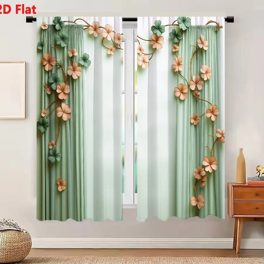 2Pcs Curtains 2D Flat Decorative Mint Green Curtains With Peach And Sage Floral Arrangements Window Drapes for Bedroom Room Deco