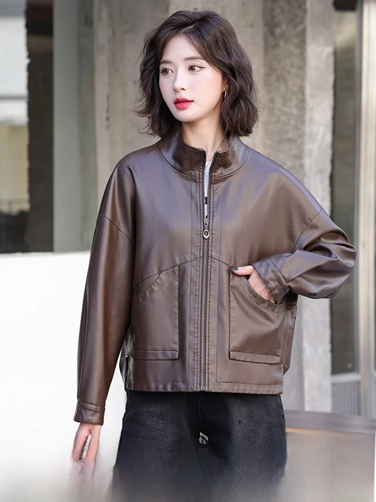 Real Leather Jaet Women's ort Loose Fit Bla eepskin Coat Korean Sle Commute Wind ket Design Long Sve Zipper