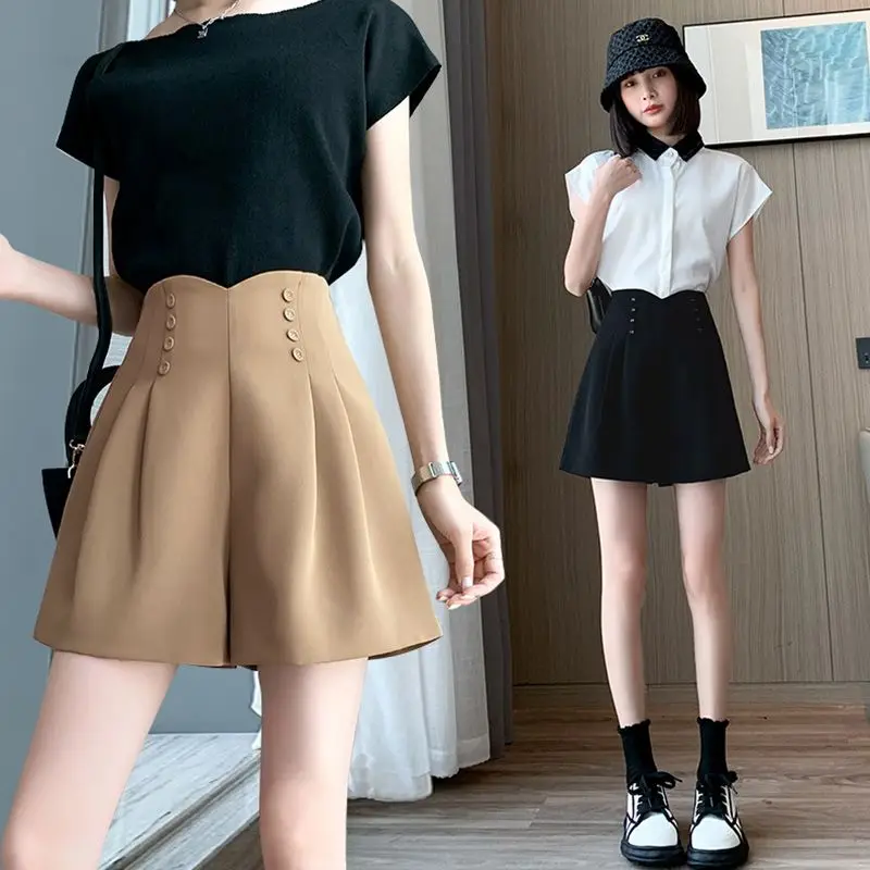 

Thin suit shorts women's summer new design sense high waist solid color fashion commute niche casual A-line wide leg pants